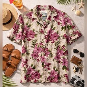 Silk Traders Unisex 100% Silk Hawaiian Shirt L Pink Floral Aloha Camp Casual